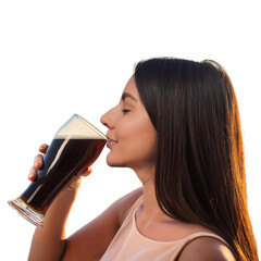 Wall Mural - beautiful young woman drinking dark beer, AI generated