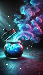 Wall Mural - purple-blue smoke/ dust coming out of a glass; mysthic/ magical atmosphere; dark background