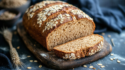 Wall Mural - Isolated brown whole grain bread, packed with seeds and nutrition, healthy wheat diet. this organic loaf is freshly baked a crusty texture, rye for breakfast or a tasty snack.