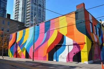 Poster - Colorful mural on urban wall with pedestrians walking along lively city street in bright daylight
