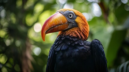 Black and orange bird with a long beak is standing in a green forest. The bird's bright colors and unique appearance make it stand out against the lush green background