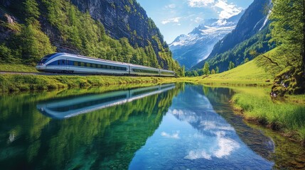 Wall Mural - A high-speed train passing through a scenic valley, with a crystal-clear lake reflecting the surrounding mountains and train