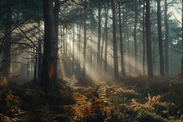 Poster - Morning sunlight filters through dense trees in a peaceful forest, illuminating ferns and creating a tranquil atmosphere