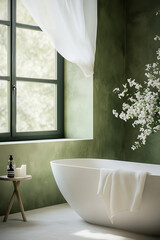 Wall Mural - Light Green and White Luxury Rustic Minimalist Bathroom with Forest View and Boho Chic Decor