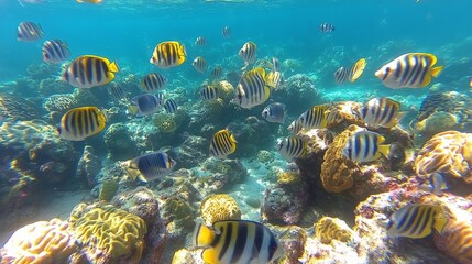 Wall Mural - Colorful fish swimming among vibrant coral reefs in clear blue waters