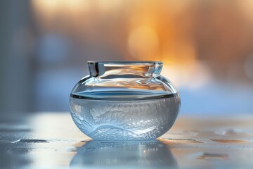 Fototapete - Transparent glass bowl resting on a surface with warm sunlight reflected in the background during a serene morning