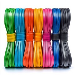 Wall Mural - Colorful rolls of leather cords organized in vibrant stacks for crafting activities