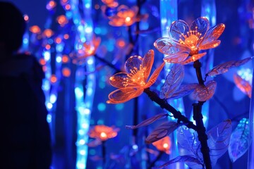 Fototapete - Colorful lights hanging from branches illuminate an outdoor setting during twilight in a festive atmosphere, creating a magical ambiance that enchants onlookers