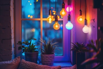 Fototapete - Colorful lights hanging from branches illuminate an outdoor setting during twilight in a festive atmosphere, creating a magical ambiance that enchants onlookers