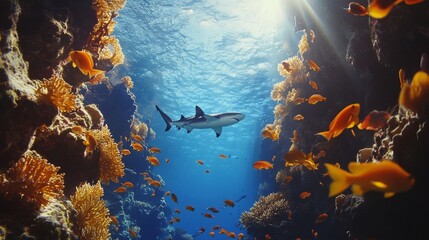 Wall Mural - Sharks swimming gracefully through a vibrant coral reef in clear blue water