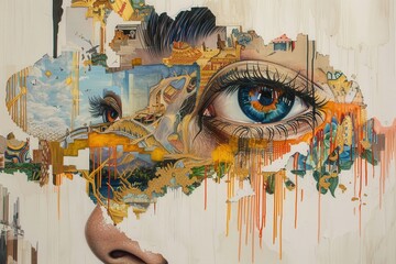 Aufkleber - Artistic portrayal of a woman with a bird and floral designs in an urban mural at sunset