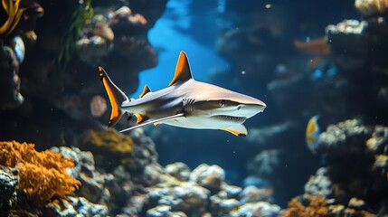 Wall Mural - Shark swims through underwater kelp forest in clear blue ocean waters near coastline