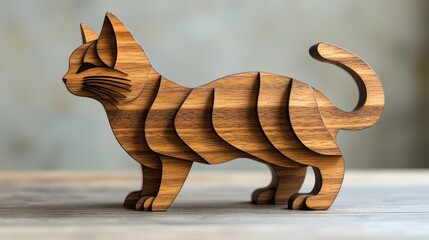 Wall Mural - Wooden cat figurine, layered design, standing on wood.