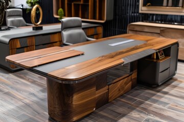 Poster - Stylish modern workspace with a unique wooden desk and comfortable leather chair overlooking a cityscape