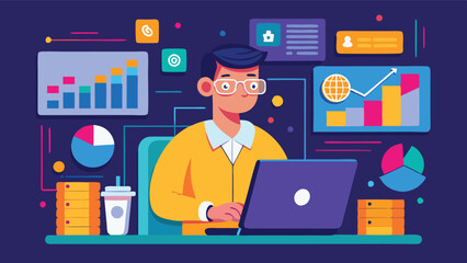 Leinwandbilder - Professional working on a laptop with data visualizations and analytics in a modern workspace environment