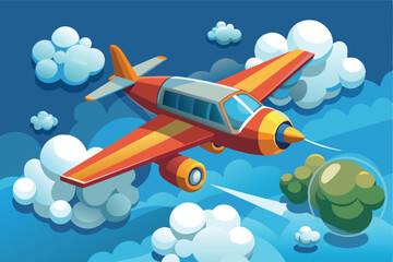 Poster - Colorful vector illustration of a plane flying through vibrant clouds in a bright blue sky during daytime