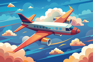 Poster - Colorful vector illustration of a plane flying through vibrant clouds in a bright blue sky during daytime