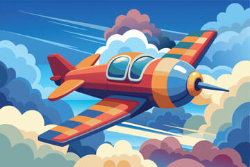 Poster - Colorful vector illustration of a plane flying through vibrant clouds in a bright blue sky during daytime