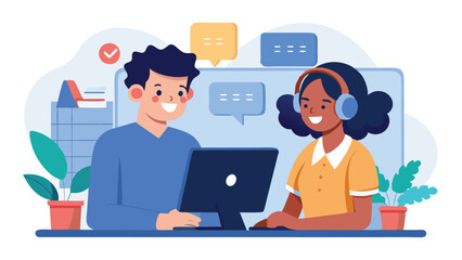 Fototapete - Conversation between two professionals in a modern office, showcasing teamwork and communication with digital tools