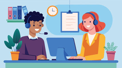 Fototapete - Conversation between two professionals in a modern office, showcasing teamwork and communication with digital tools