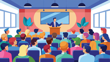 Poster - Professional speaker presenting to an engaged audience in a modern conference room during a business seminar