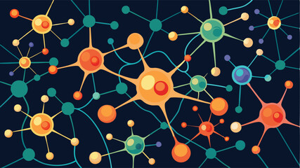 Leinwandbilder - Colorful abstract vector representation of a network of interconnected cells or molecules on a dark background