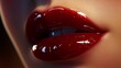 © ThuyTrang - Full, hydrated lips in a deep ruby red gloss, glowing under soft natural light, ultra-realistic textures emphasized in sharp focus, surrounded by a smooth blurred warm-toned backdrop,