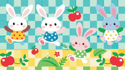 Poster - Colorful vector illustration of playful rabbits surrounded by flowers and clouds on a blue checkered background