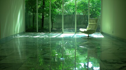 Wall Mural - A Tranquil Modern Space with a Single Chair, Reflective Marble Floors, and Lush Greenery Outside Creating a Harmonious Connection with Nature