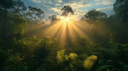 Wall Mural - Light filters through dense jungle foliage in a serene and vibrant rainforest setting