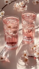 Refreshing floral drinks in elegant glasses on a soft pink background with delicate flowers