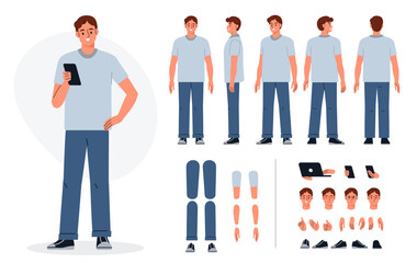 Wall Mural - casual man character constructor for animation. front, side and back view. body parts and postures c