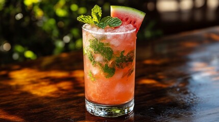 Wall Mural - Refreshing watermelon mint drink served in a glass on a rustic wooden table