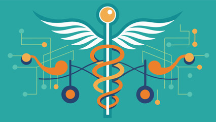 Poster - Symbolic blend of music and health featuring a stylized caduceus surrounded by notes and leaves, representing harmony and vitality in a creative vector design
