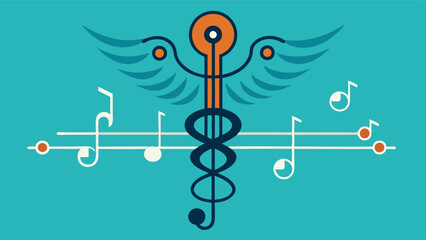 Poster - Symbolic blend of music and health featuring a stylized caduceus surrounded by notes and leaves, representing harmony and vitality in a creative vector design