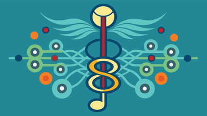 Poster - Symbolic blend of music and health featuring a stylized caduceus surrounded by notes and leaves, representing harmony and vitality in a creative vector design