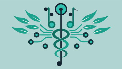Poster - Symbolic blend of music and health featuring a stylized caduceus surrounded by notes and leaves, representing harmony and vitality in a creative vector design