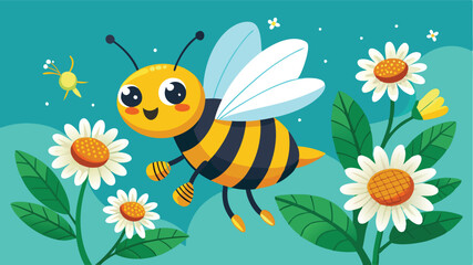 Poster - Colorful vector illustration of a cheerful bee interacting with vibrant flowers in a lush landscape during a sunny day
