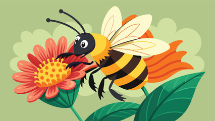 Poster - Colorful vector illustration of a cheerful bee interacting with vibrant flowers in a lush landscape during a sunny day