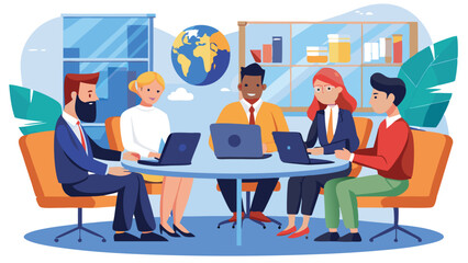 Aufkleber - Diverse team collaborating in a modern office environment with a global perspective and technology using laptops for efficient communication and planning