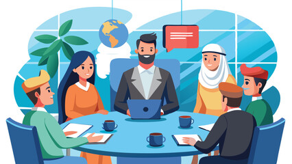 Aufkleber - Diverse team collaborating in a modern office environment with a global perspective and technology using laptops for efficient communication and planning