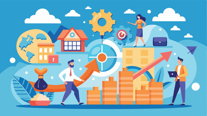 Poster - Vector illustration depicting business professionals analyzing market growth through data and strategies in a modern office setting