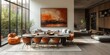 © aicandy - A modern, open-concept living and dining area with floor-to-ceiling windows, accented by a large abstract painting and neutral-toned furniture.