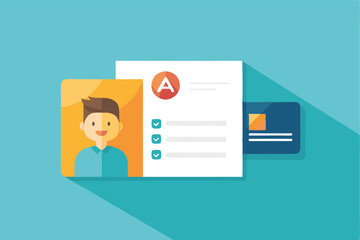 Poster - Vector illustration of a user profile and identification card with a smiling character and checklists on a bright blue background