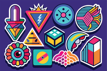 Poster - Colorful vector art collection showcasing geometric shapes and bold designs against a vibrant purple background