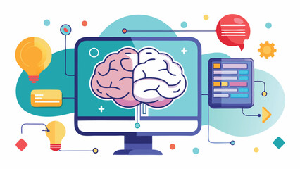 Fototapete - Vector illustration of a conceptual brain connected to various elements representing technology, data, and creativity in a modern design environment