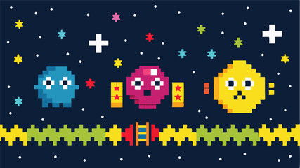 Poster - Colorful pixel art of whimsical aliens floating in a starry night sky with a city skyline backdrop