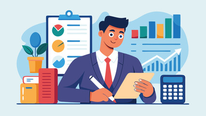 Aufkleber - Business professional analyzing data and reports while sitting at a desk with charts and a calculator in a modern office setting