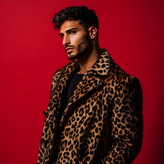 A handsome man showcases a fashionable leopard print