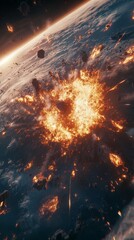 Wall Mural - asteroid impact causing explosion on planet surface